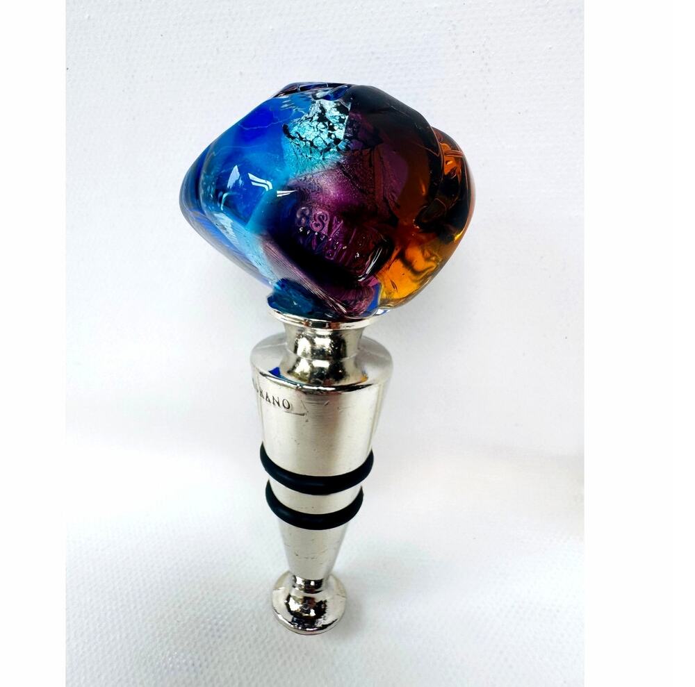 Vintage Murano Art Glass Wine Bottle Stopper Blue Amber Silver Foil